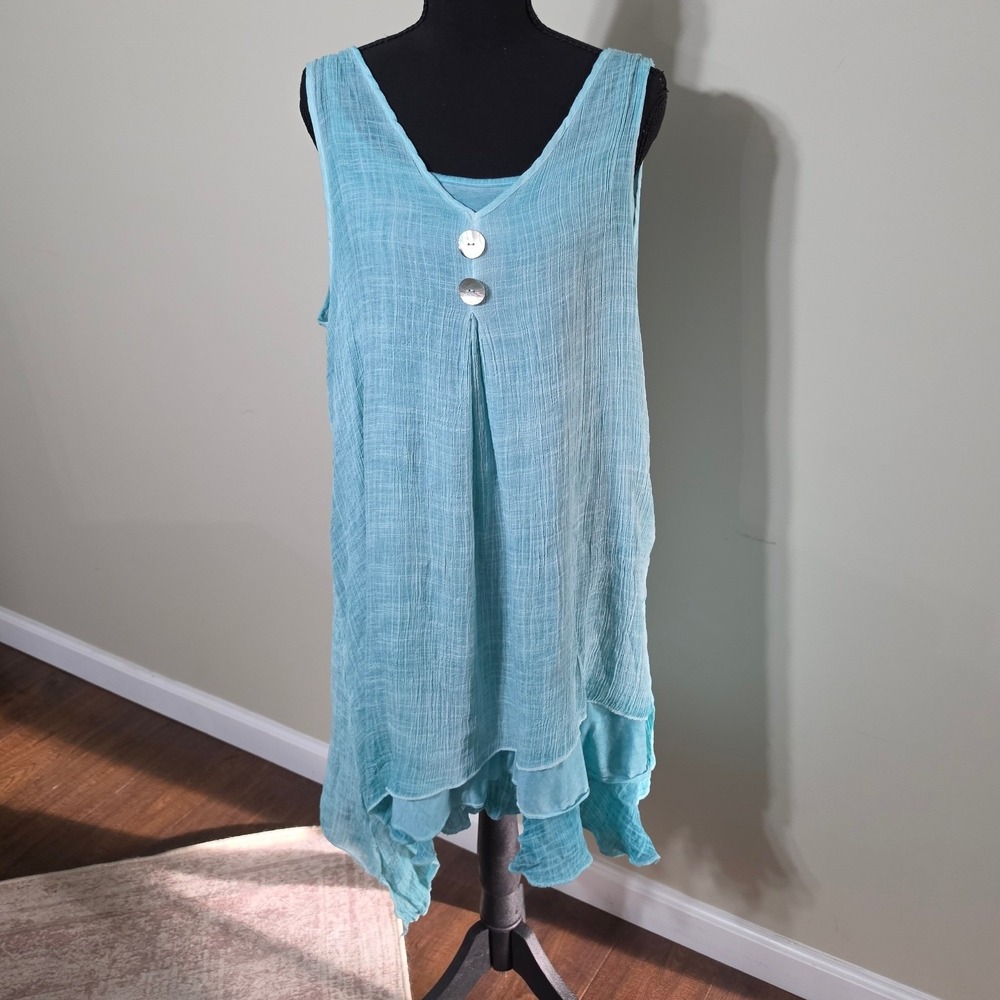 Casual Express Aqua Blue Crinkle Gauze Lagenlook Tunic Dress Sharkbite Hem Large